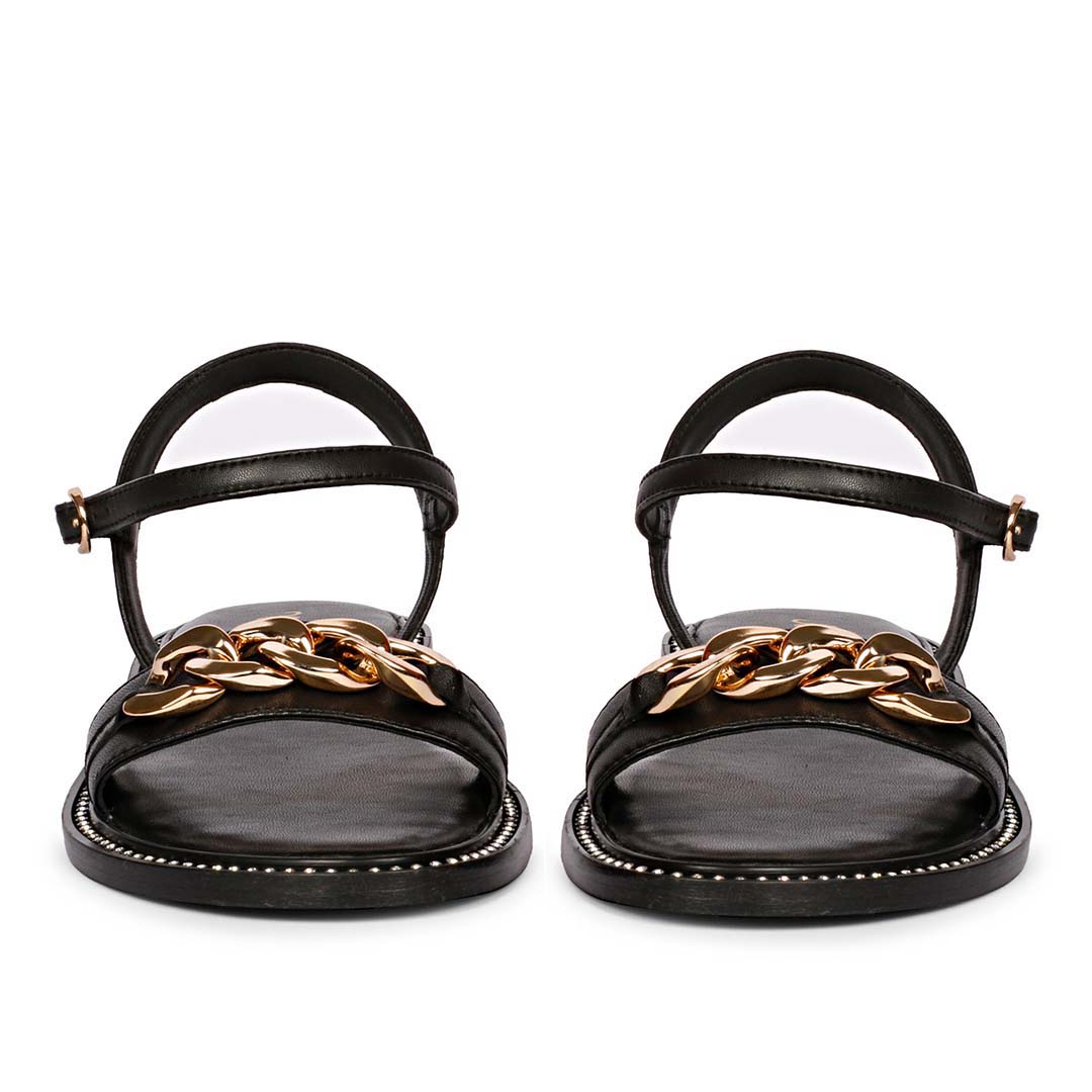 Saint Bellini Gold Chain Decor Black Leather Sandals