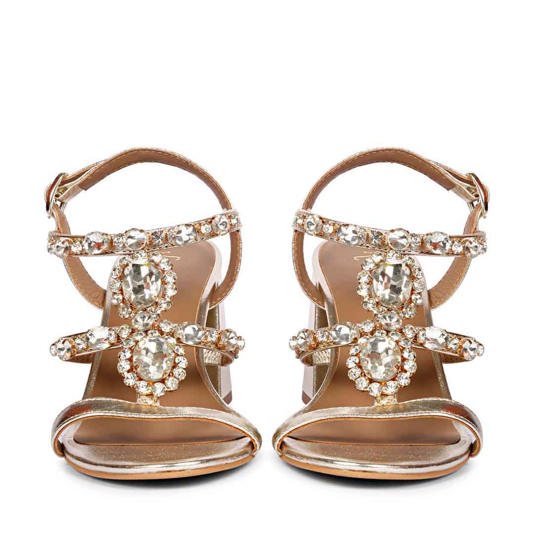 Saint Enriqueta Stone Adorned Platin Leather Block Heels