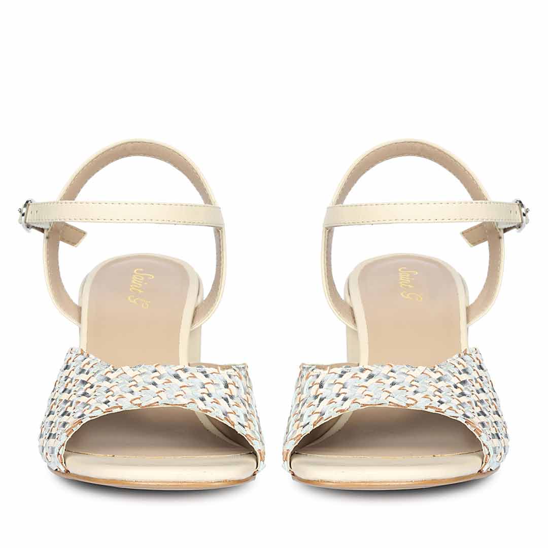 Saint Athena Off White-Silver Hand Woven Leather Heels