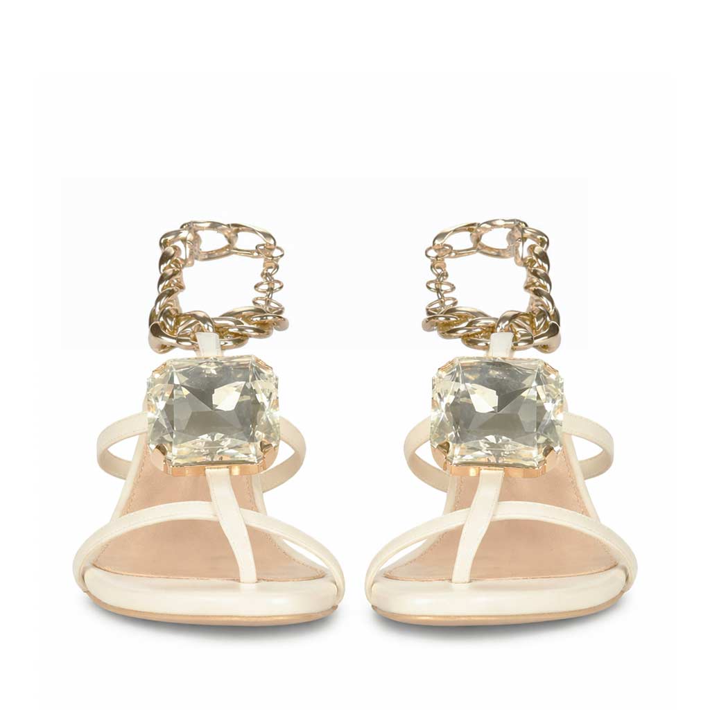 Saint Gaelle Off White Leather Crystal Chain Block Heels