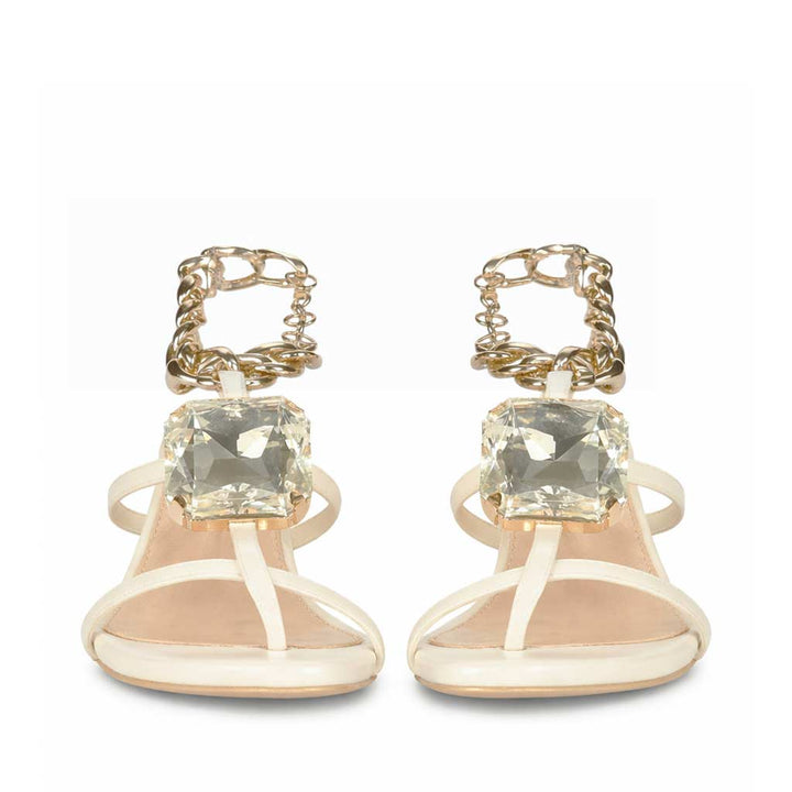 Saint Gaelle Off White Leather Crystal Chain Block Heels