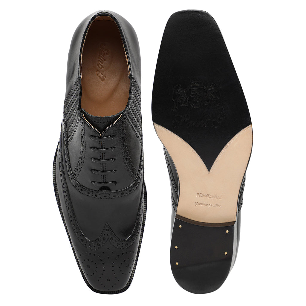 Saint Vincenzo Black Leather Square Toe Lace Up Décor Shoes