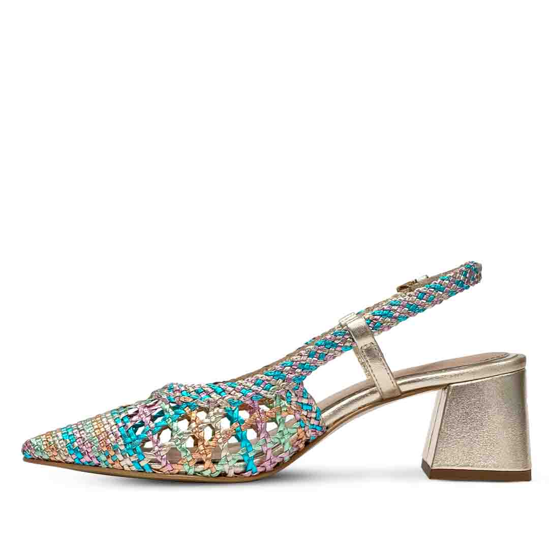 Saint Anya Turquoise Multi Hand Woven Leather Block Heels