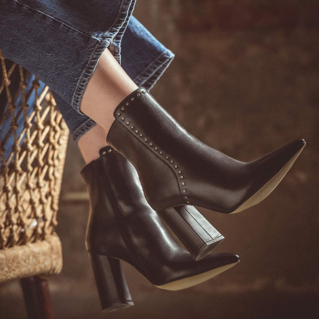 Block Heel Boots, Black Leather, Saint Fia