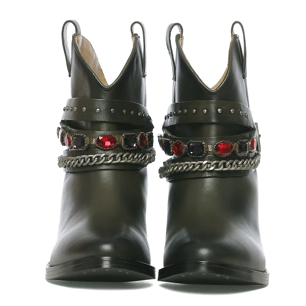 Saint Louanne Olive Leather Rhinestone Studded Décor Boots