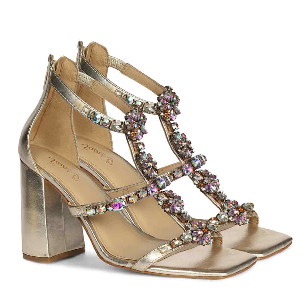 Saint Holly Rainbow Stone Metallic Gold Leather Block Heels