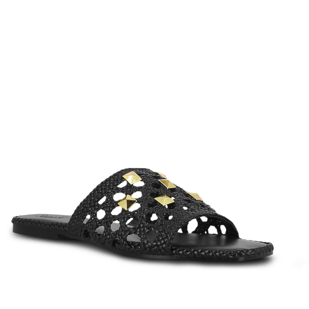 Saint Giada Black Leather Woven Slides - Handcrafted chic slides for a stylish stride, featuring intricate leather weaving. Elevate your look effortlessly