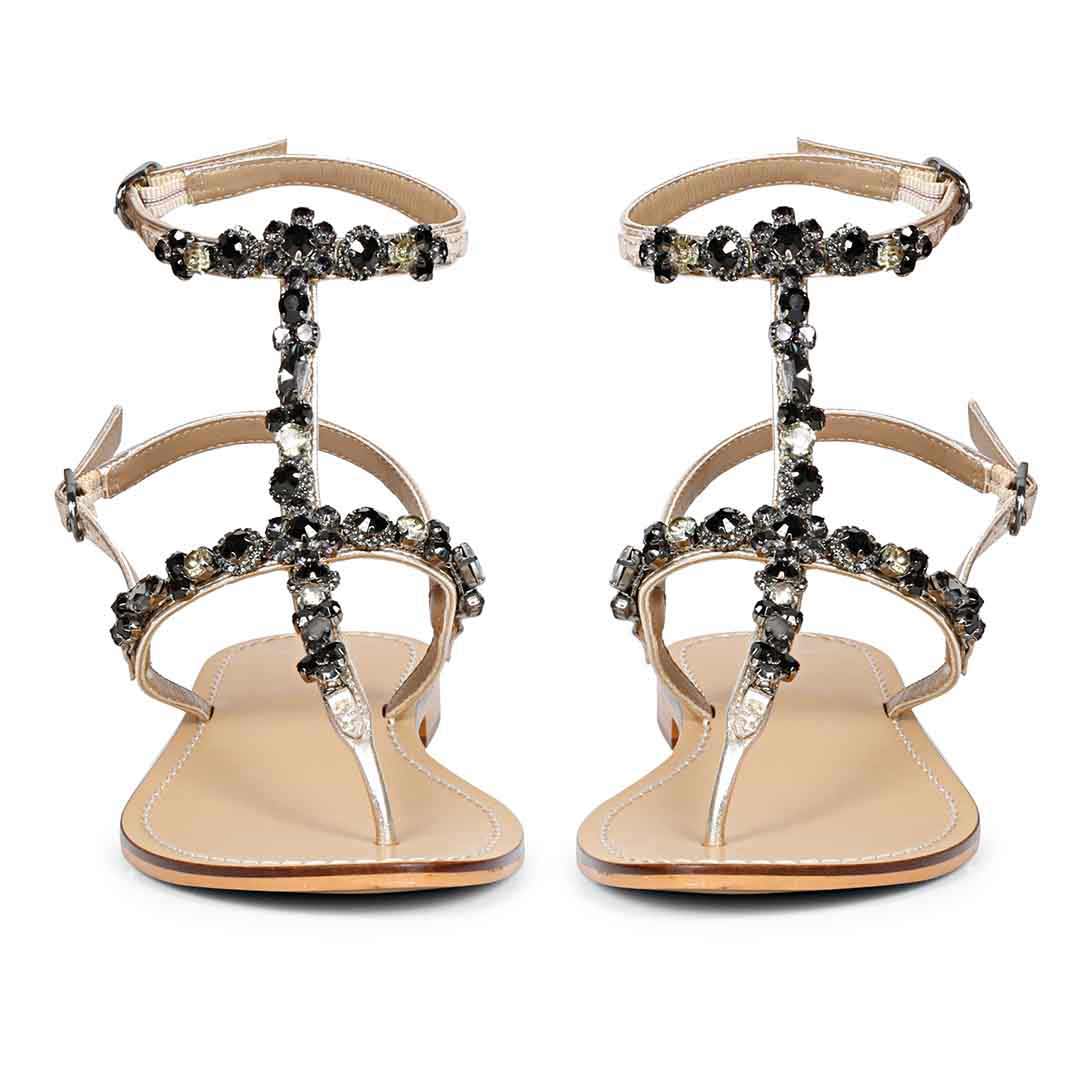 Saint Zuri Black Stone Embellished Gold Leather Flat Sandals