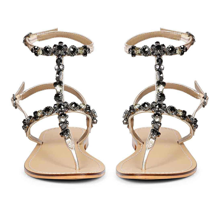Saint Zuri Black Stone Embellished Gold Leather Flat Sandals