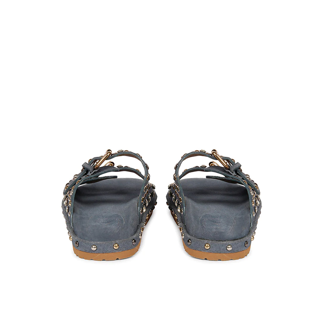 Angela Double Buckle Studded Denim Suede Leather Sandal