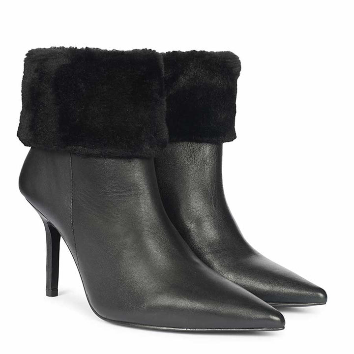 Saint Solveig Fur Cuff Black Leather Ankle Boots