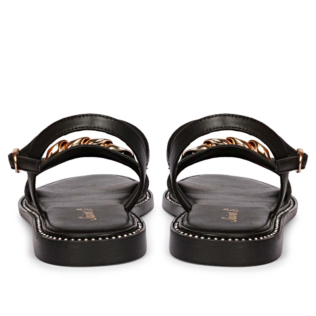 Saint Bellini Gold Chain Decor Black Leather Sandals