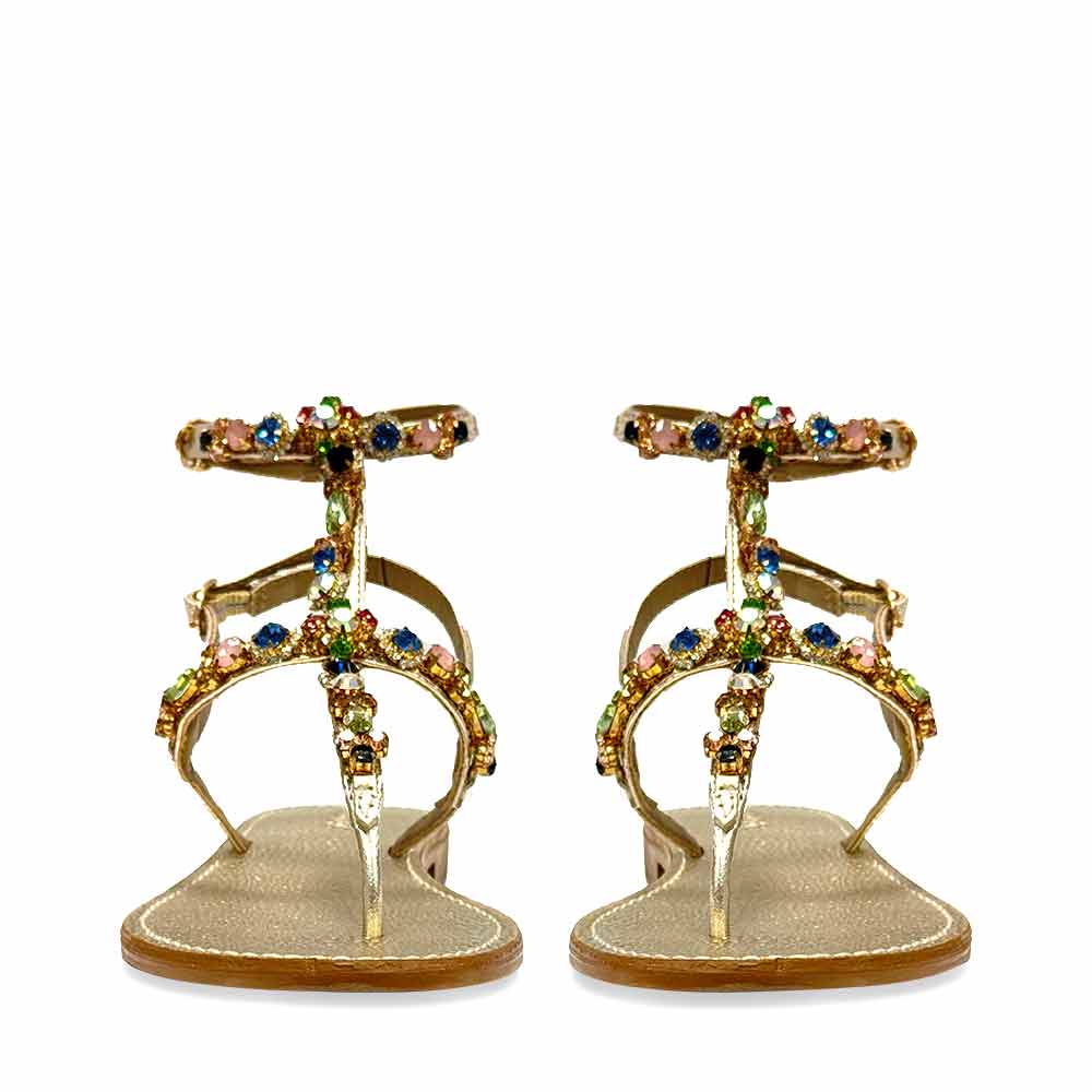 Saint Zuri Multi Stone Embellished Gold Leather Sandals