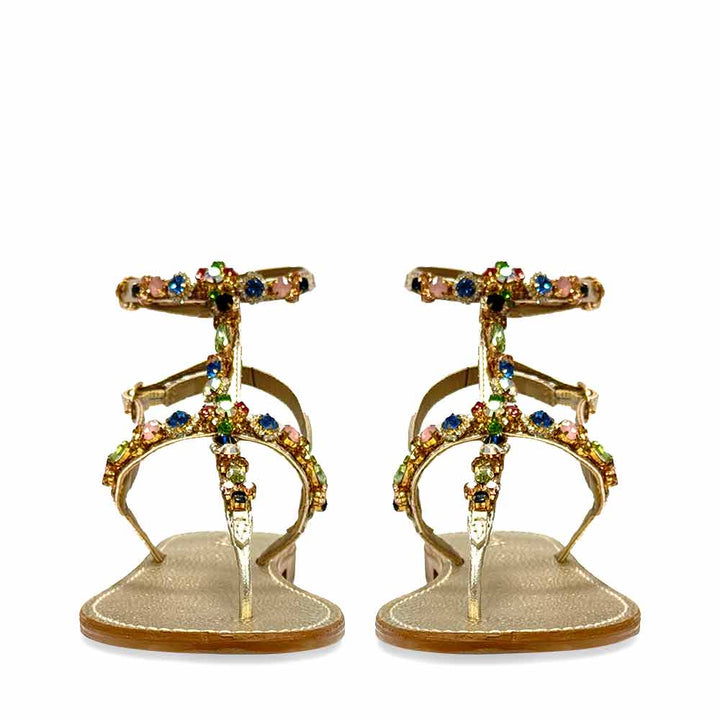 Saint Zuri Multi Stone Embellished Gold Leather Sandals