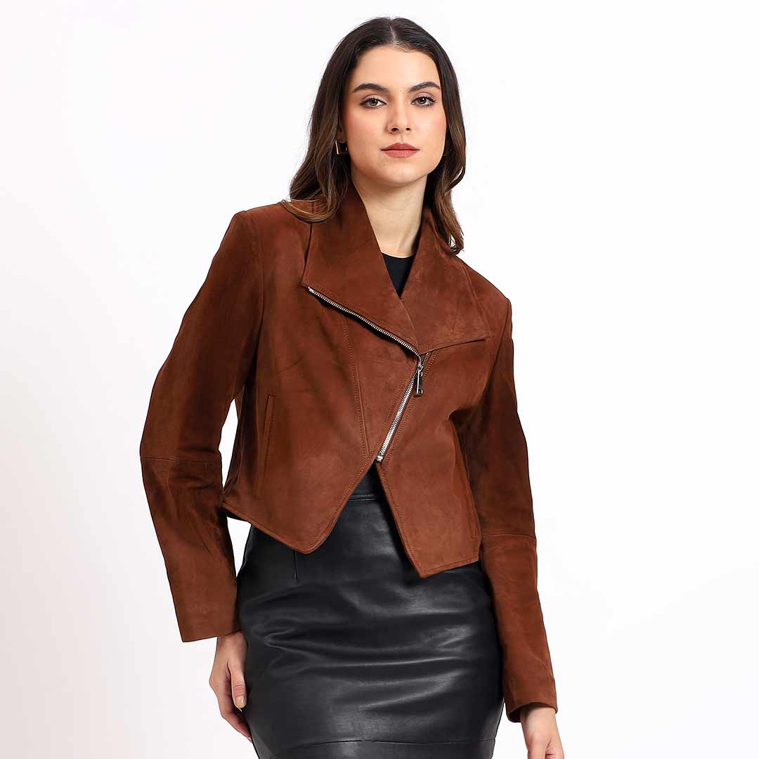 Saint Arlana Women Tan Suede Leather Cafe Racer Jackets