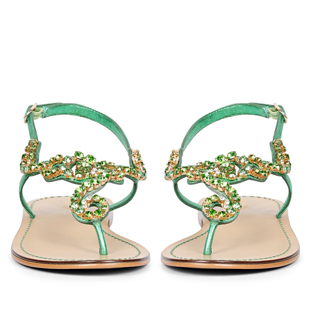 Saint Kaia Gold Stone Metallic Green Leather Sandals