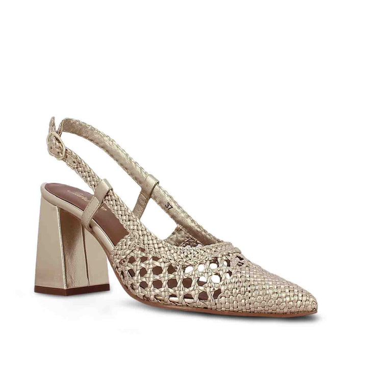 Saint Delaney Platin: Handwoven leather block heels, elegant and stylish footwear for a sophisticated look