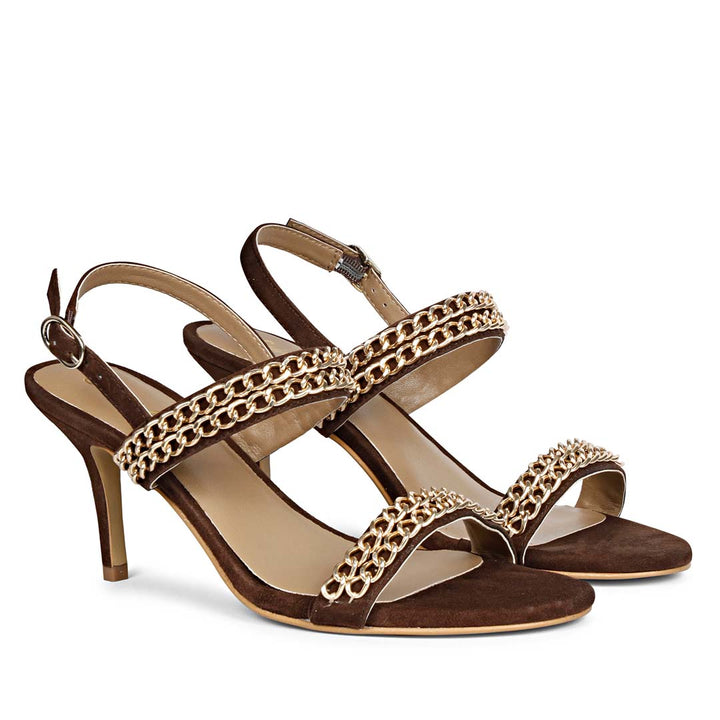 Saint Valeria Gold Chain Brown Suede Leather Stilettos