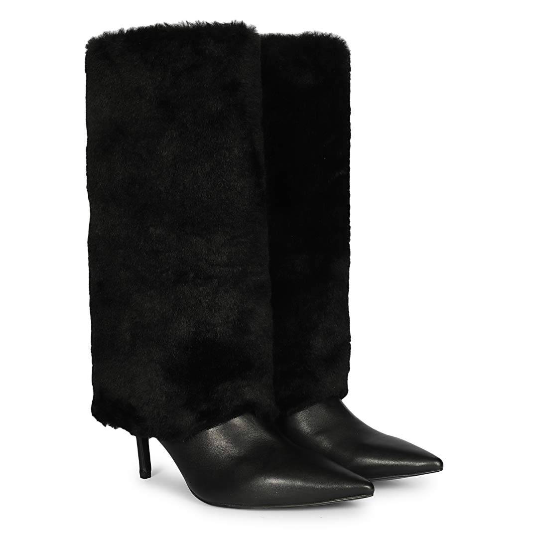 Luxury Black Leather Fur Cuff Boots