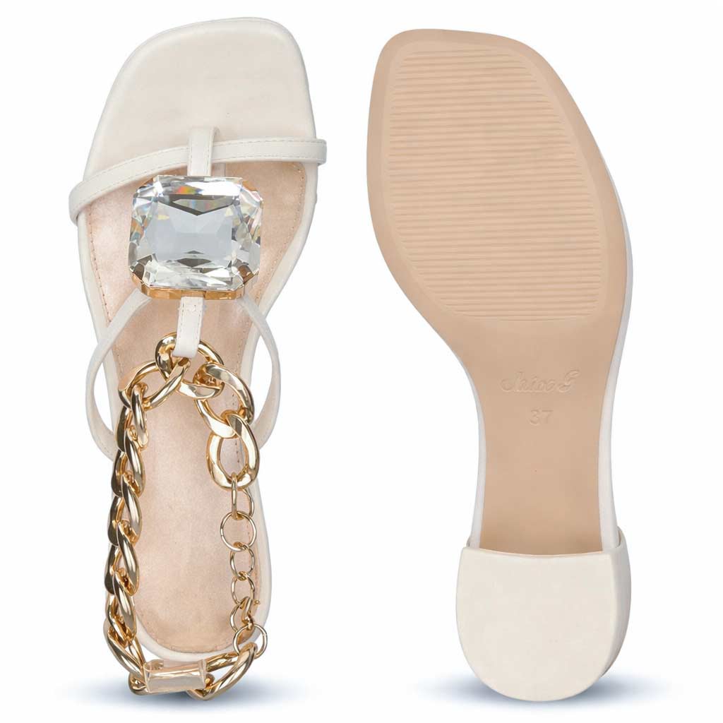 Saint Gaelle Off White Leather Crystal Chain Block Heels