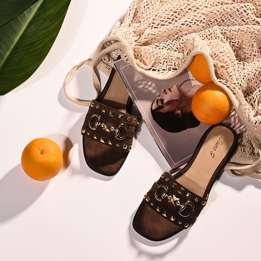 Saint Wrenley Studded Brown Suede Leather Slides