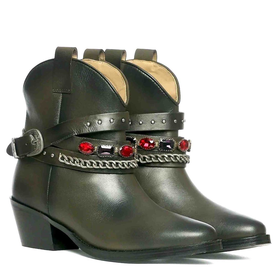 Saint Louanne Olive Leather Rhinestone Studded Décor Boots