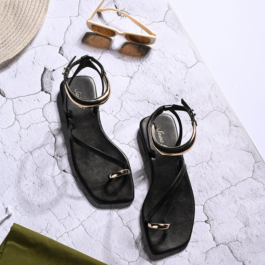Saint Zinovia Gold-Trim Black Leather Sandals
