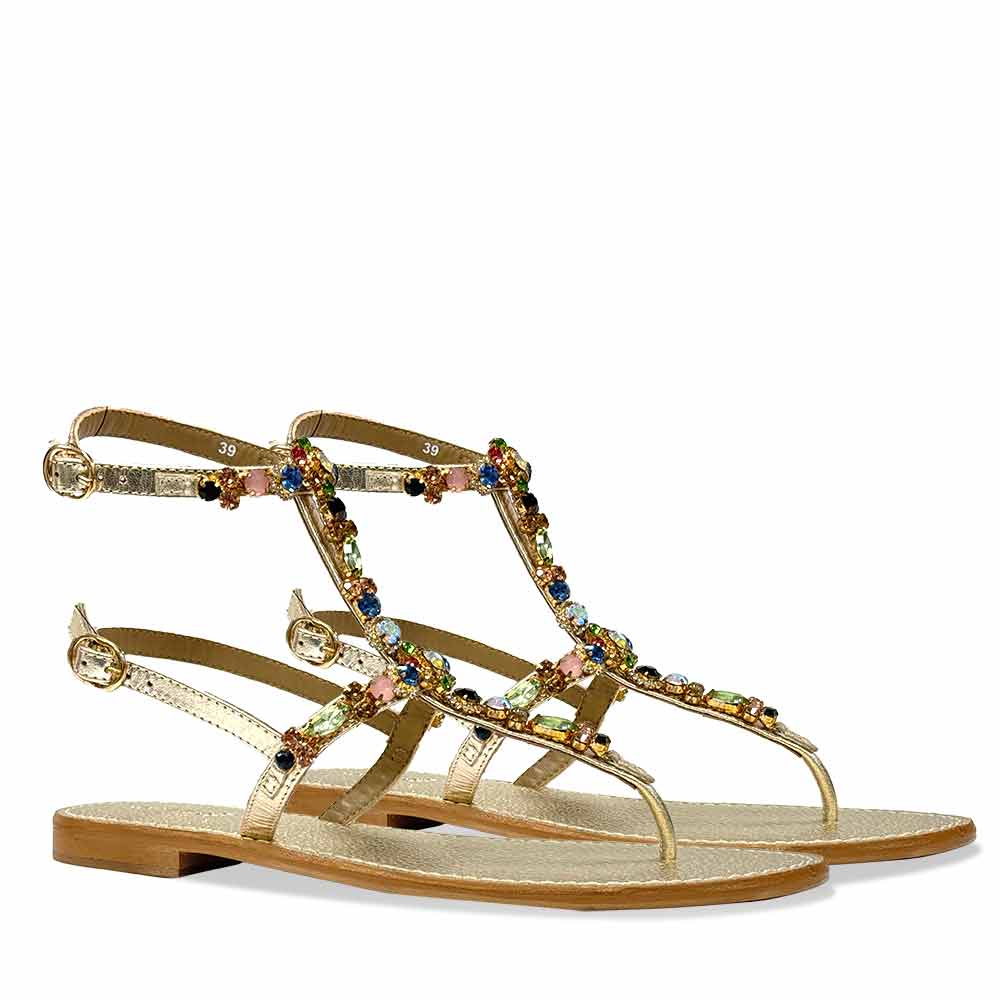 Saint Zuri Multi Stone Embellished Gold Leather Sandals