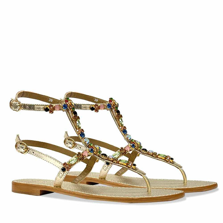 Saint Zuri Multi Stone Embellished Gold Leather Sandals