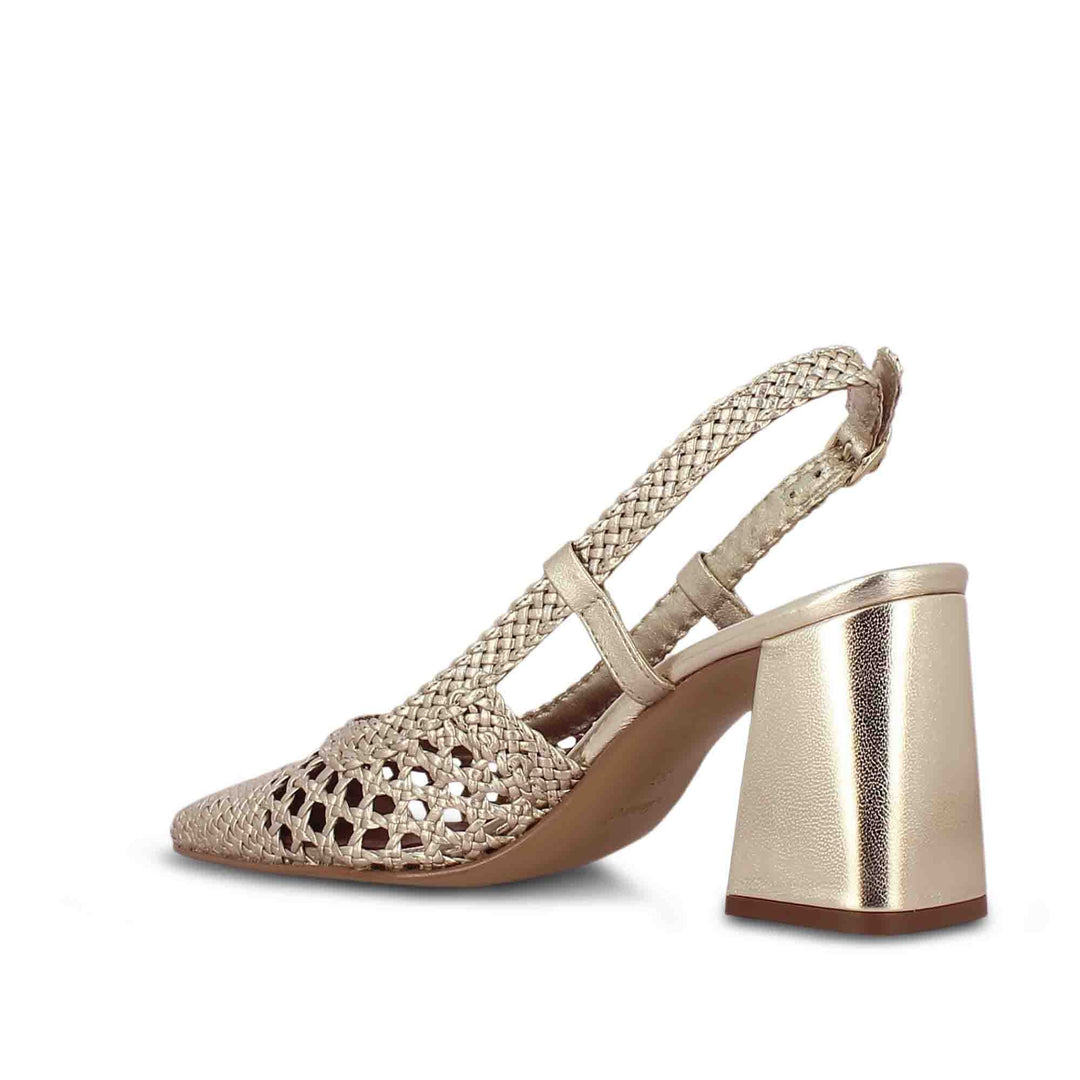 Saint Delaney Platin: Handwoven leather block heels, elegant and stylish footwear for a sophisticated look