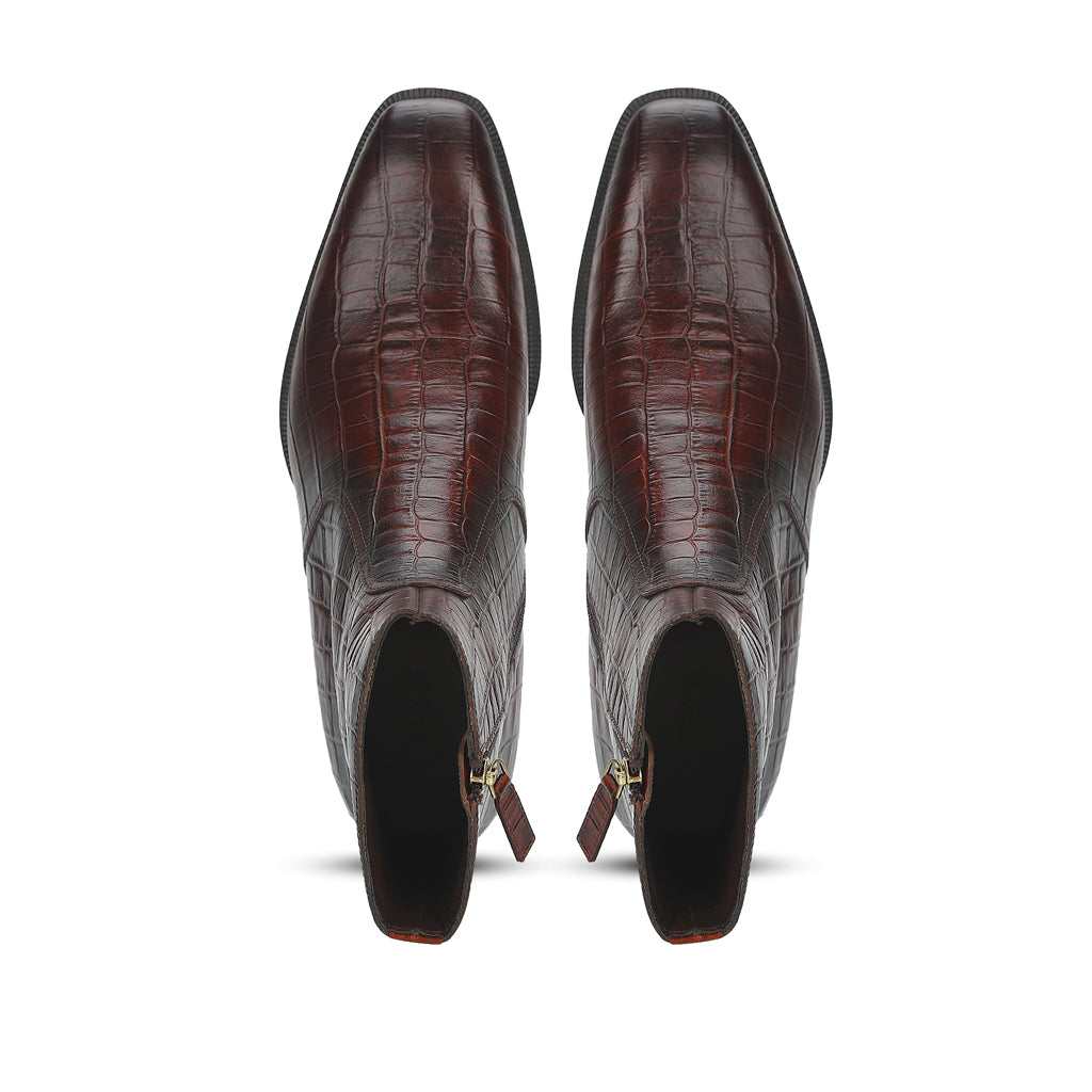 Saint Umberto Brown Croco Embossed Leather High Ankle Boot
