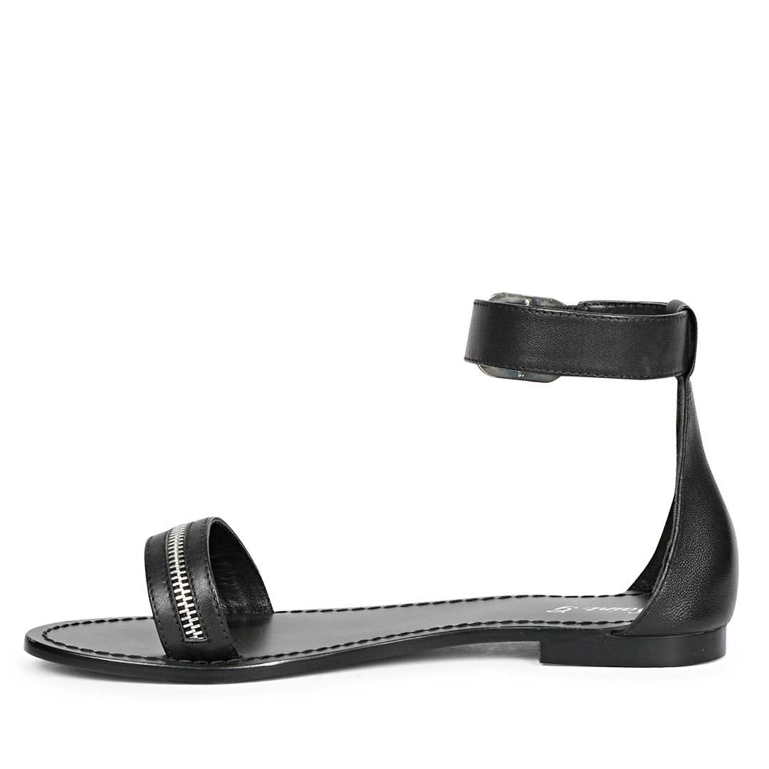 Saint Donelle Zip Decor Black Leather Sandals