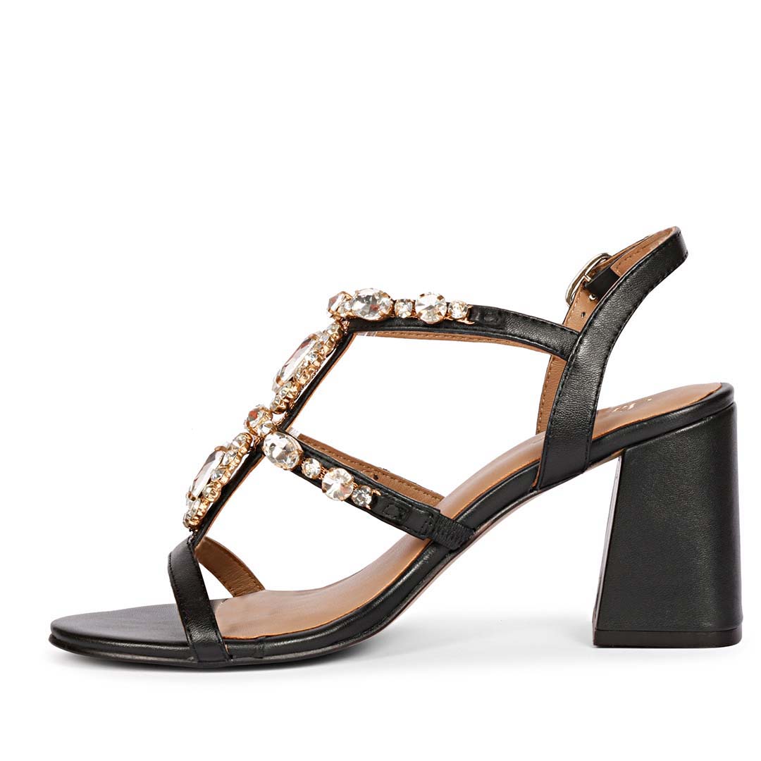 Saint Enriqueta Stone Adorned Black Leather Block Heels