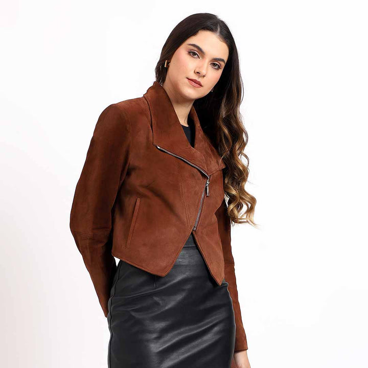 Saint Arlana Women Tan Suede Leather Cafe Racer Jackets