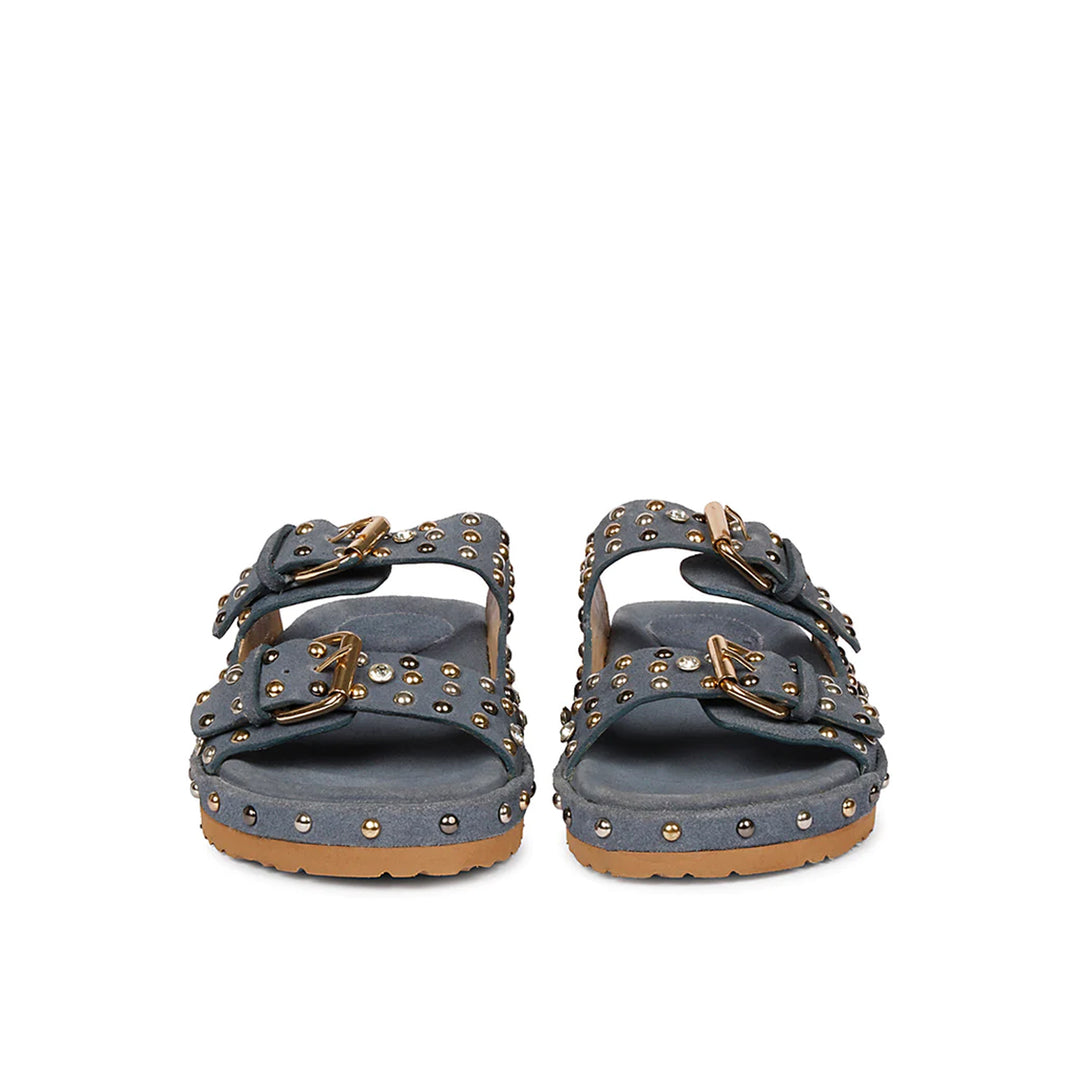 Angela Double Buckle Studded Denim Suede Leather Sandal