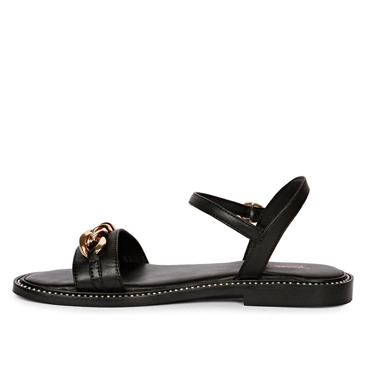 Saint Bellini Gold Chain Decor Black Leather Sandals