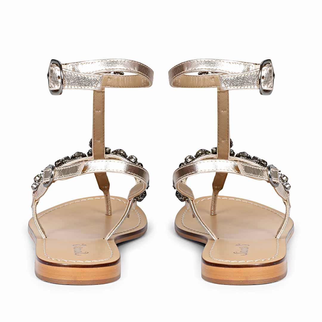 Saint Zuri Black Stone Embellished Gold Leather Flat Sandals