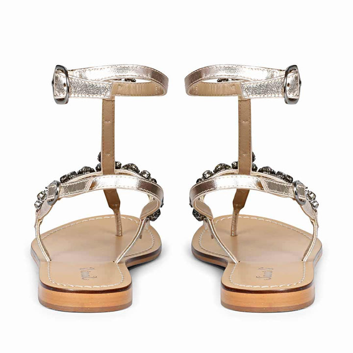 Saint Zuri Black Stone Embellished Gold Leather Flat Sandals