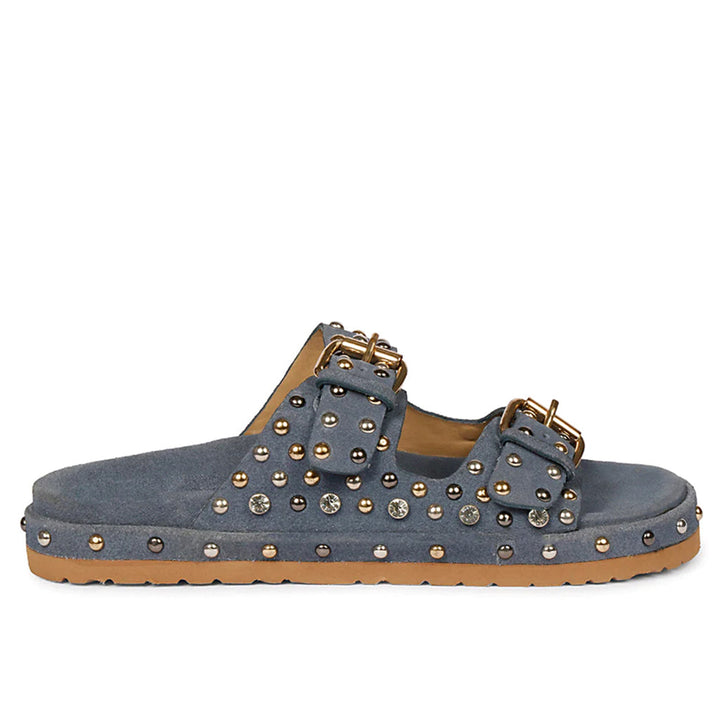 Angela Double Buckle Studded Denim Suede Leather Sandal