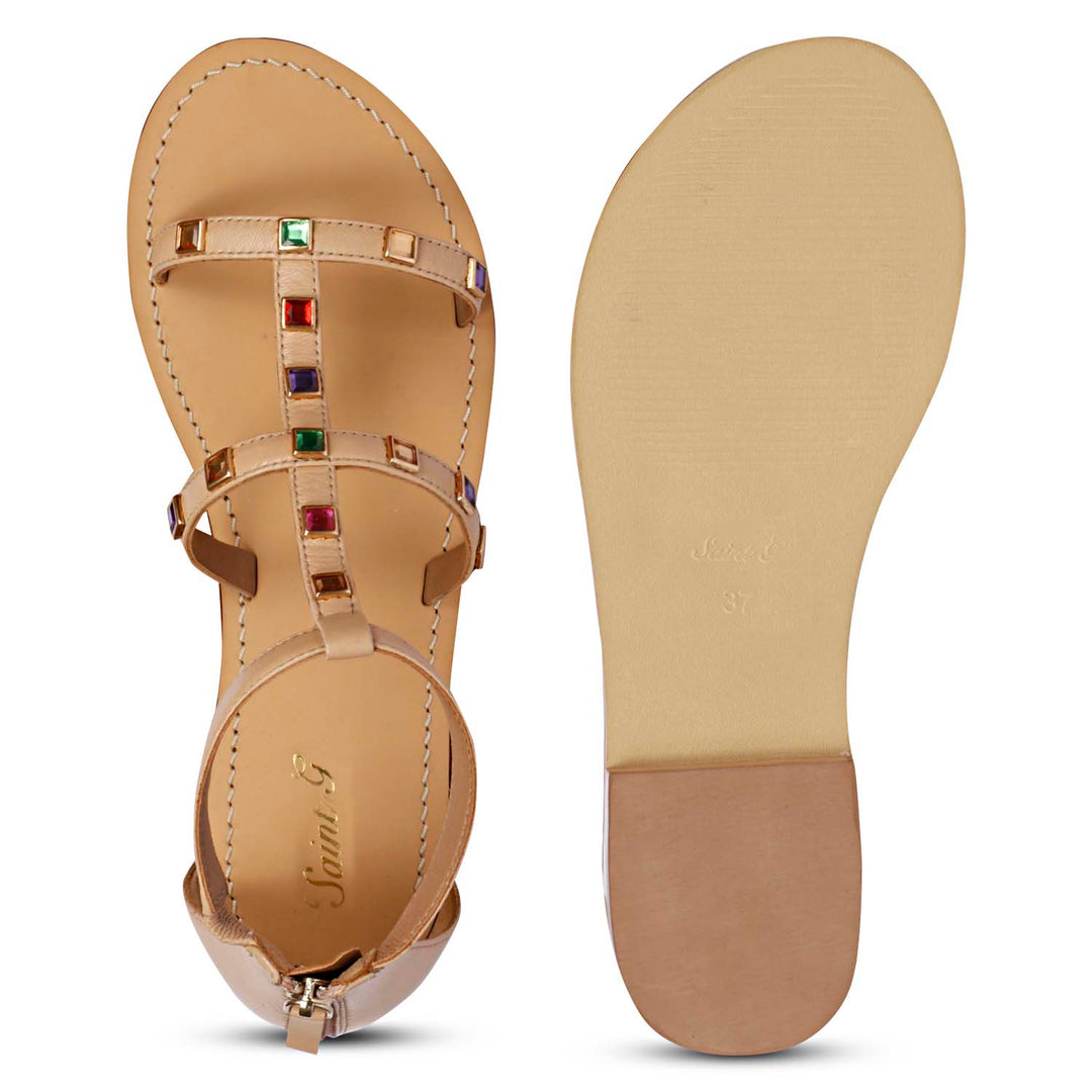 Saint Quincy Multi Stones Studded Natural Leather Sandals