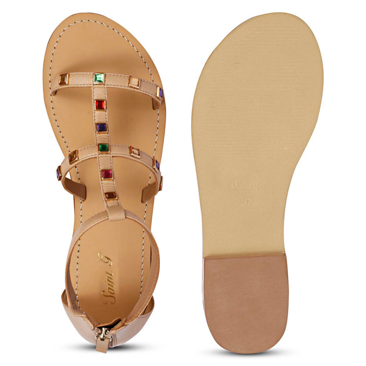 Saint Quincy Multi Stones Studded Natural Leather Sandals