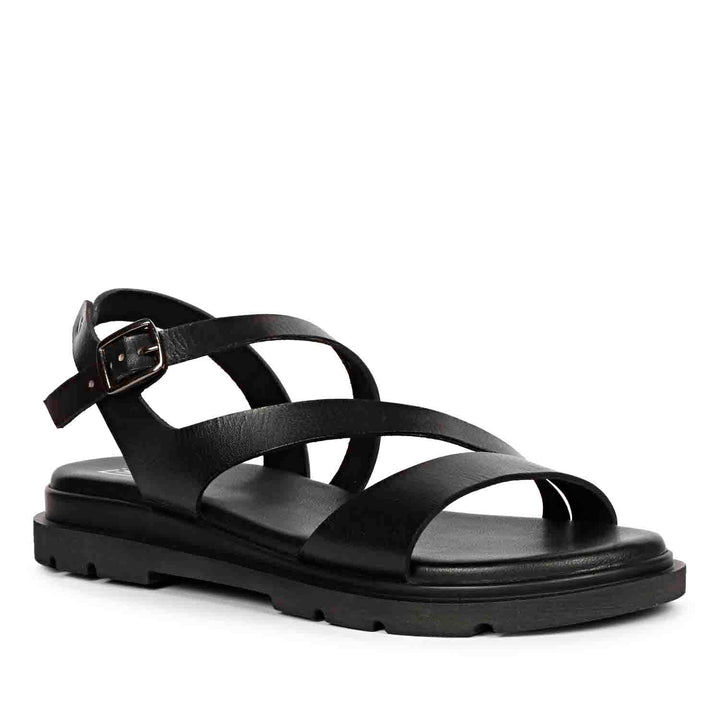 ViviBlu Kamla Black Leather Flat Sandals