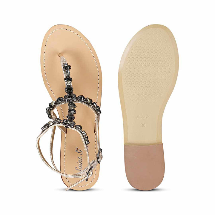 Saint Zuri Black Stone Embellished Gold Leather Flat Sandals