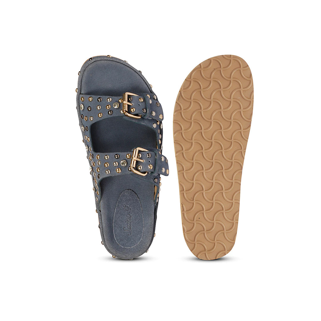 Angela Double Buckle Studded Denim Suede Leather Sandal