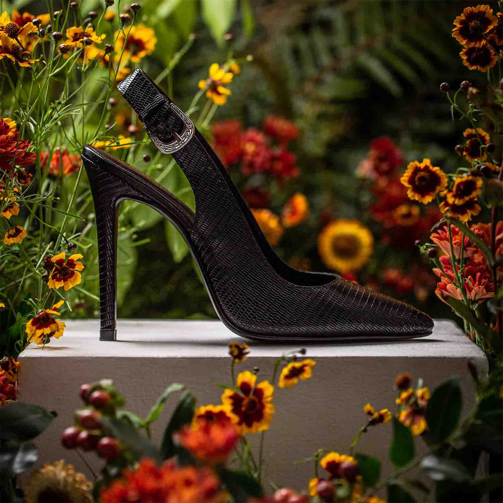 Saint Eilish Black Snake Print Leather Buckle Kitten Heels - Stylish, edgy kitten heels with a bold snake print for a chic and trendy look.