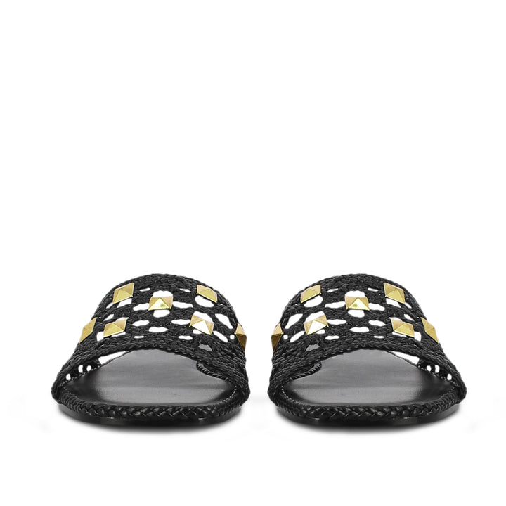 Saint Giada Black Leather Woven Slides - Handcrafted chic slides for a stylish stride, featuring intricate leather weaving. Elevate your look effortlessly