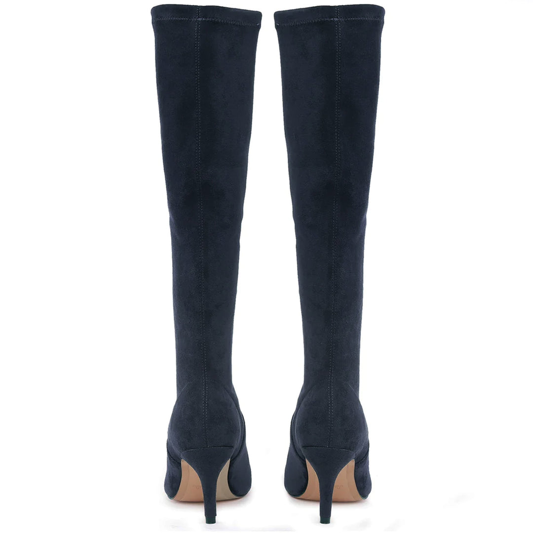 Saint Jemima Navy Stretch Suede Kitten Heel Long Boots