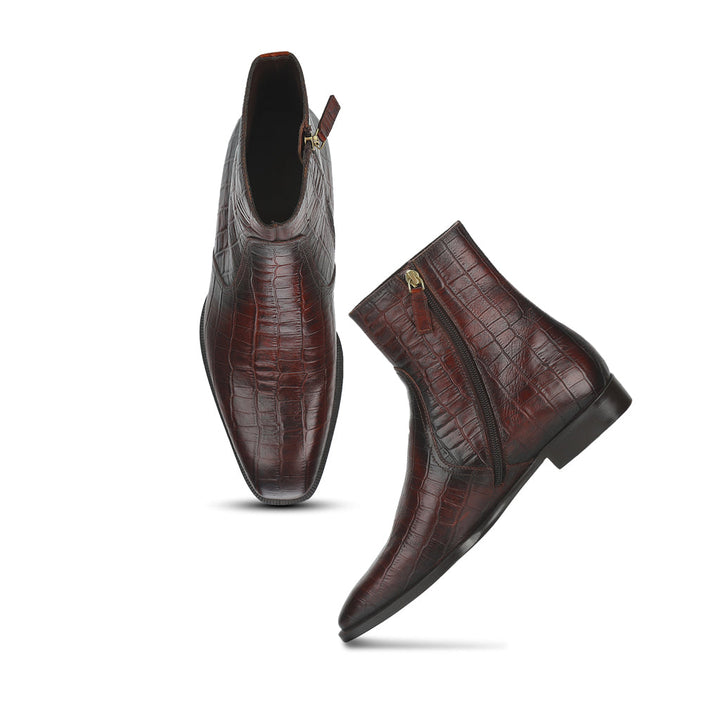 Saint Umberto Brown Croco Embossed Leather High Ankle Boot