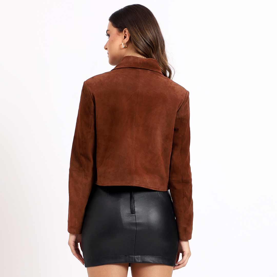 Saint Arlana Women Tan Suede Leather Cafe Racer Jackets