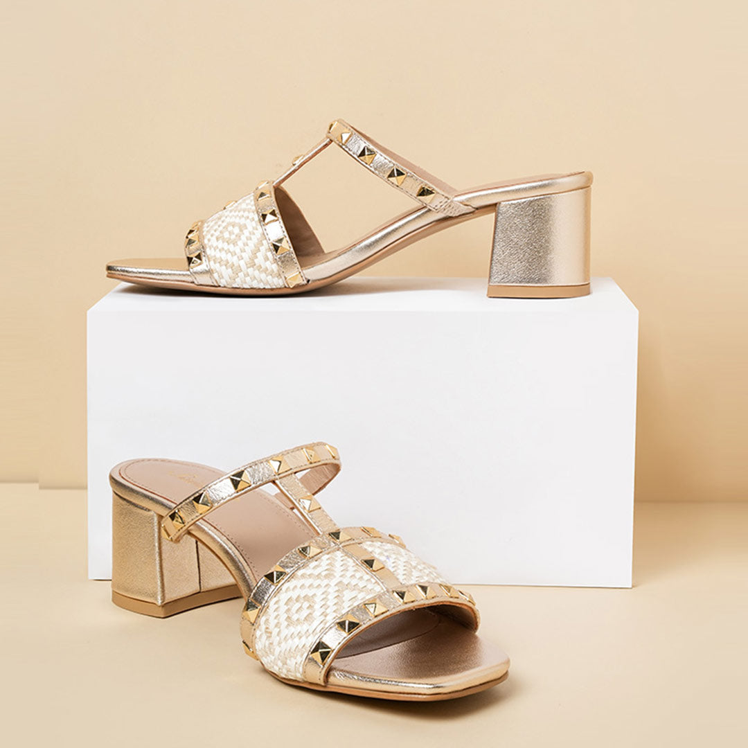 Saint Zafira Pyramid Stud Raffia Gold Leather Block Heels